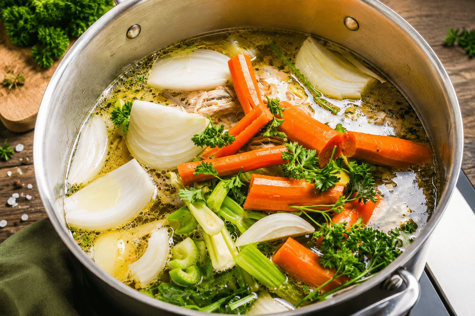 Homemade chicken noodle soup simmering with tender chicken, carrots, celery, onions, and fresh parsley in a golden broth.