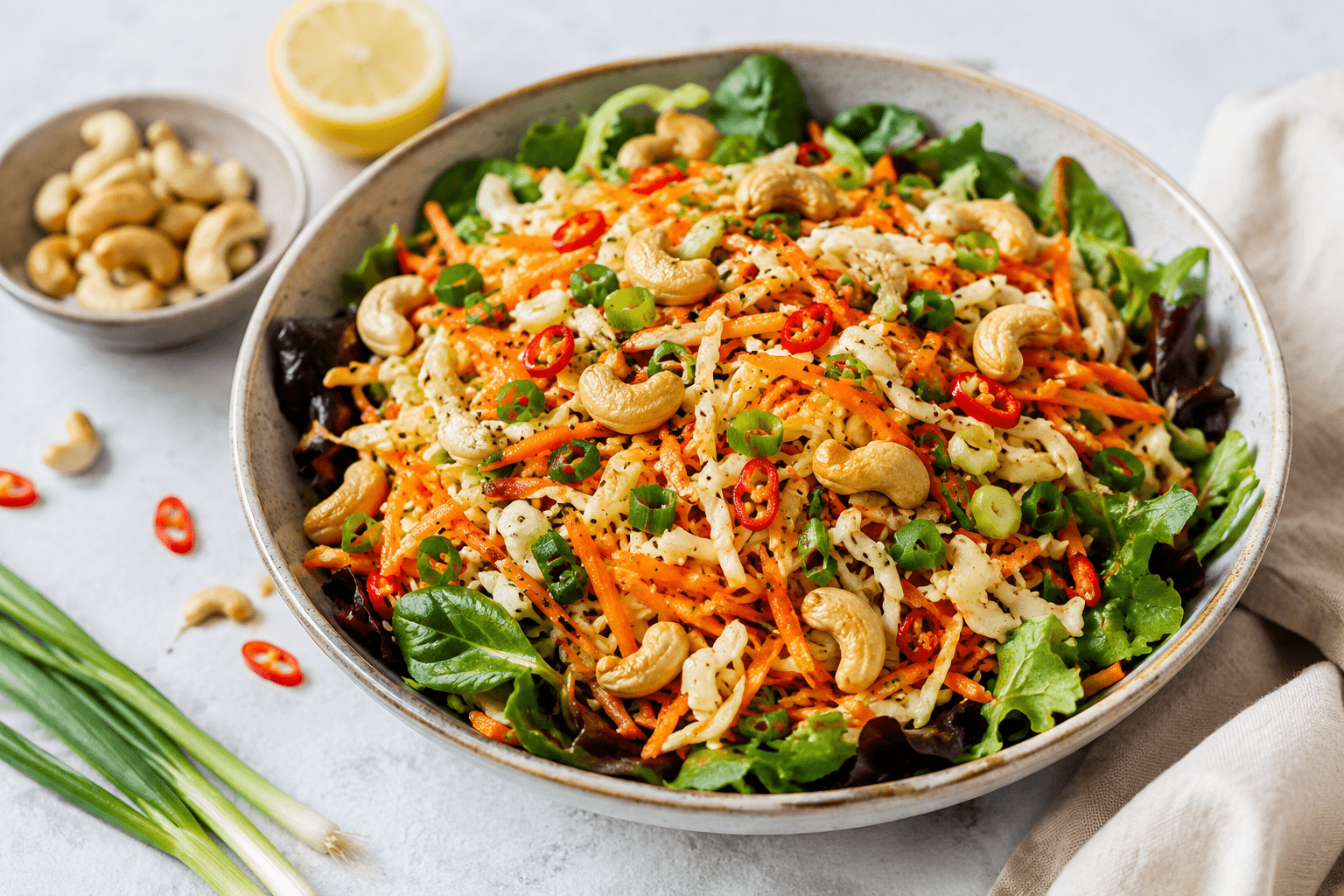 Fresh carrot and cabbage salad served over mixed greens with whole cashews, green onions, Thai peppers, garlic lemon dressing, and sesame oil in a healthy nutrient-rich bowl.