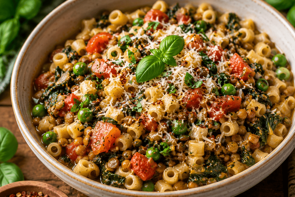 Hearty Cucuzza Leaf Pasta with Tomatoes, Lentils & Peas